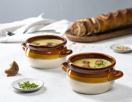 KooK French Onion Soup Bowls - Oven Safe Ceramic Crocks with Handles | Set of 4, 16oz & 18oz