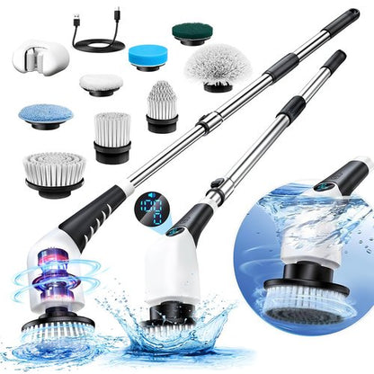 Electric Spin Scrubber, Cordless Cleaning Brush with 8 Replaceable Brush Heads, Shower Cleaning Brush, Power Scrubber with 3 Adjustable Speeds,Adjustable & Detachable Long Handle,Voice Prompt