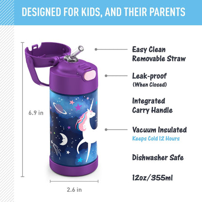 THERMOS FUNTAINER Water Bottle - 12 Ounce Stainless Steel, Vacuum Insulated, Space Unicorn Design