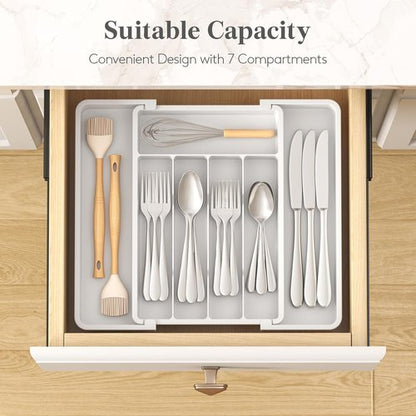 Lifewit Expandable Silverware Drawer Organizer - BPA-Free Utensil Tray for Kitchen | Adjustable 8.5-14 x 12" - White