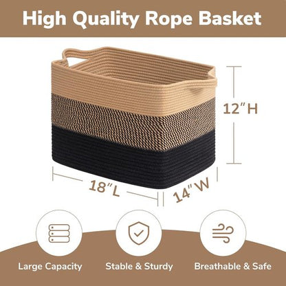 Goodpick Large Woven Basket - 18" x 14" x 12" Cotton Rope Storage for Organizing | Black & Jute