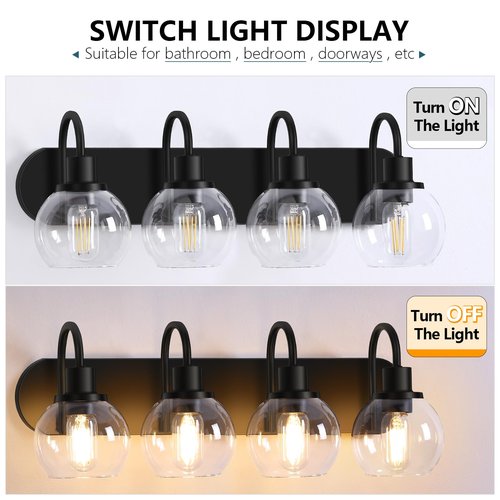 Dpyrrhic Industrial Bathroom Vanity Light， 4-Light Bathroom Lights Over Mirror with Clear Glass Globe Shade and Metal Base, Matte Black Bathroom Vanity Light Fixture