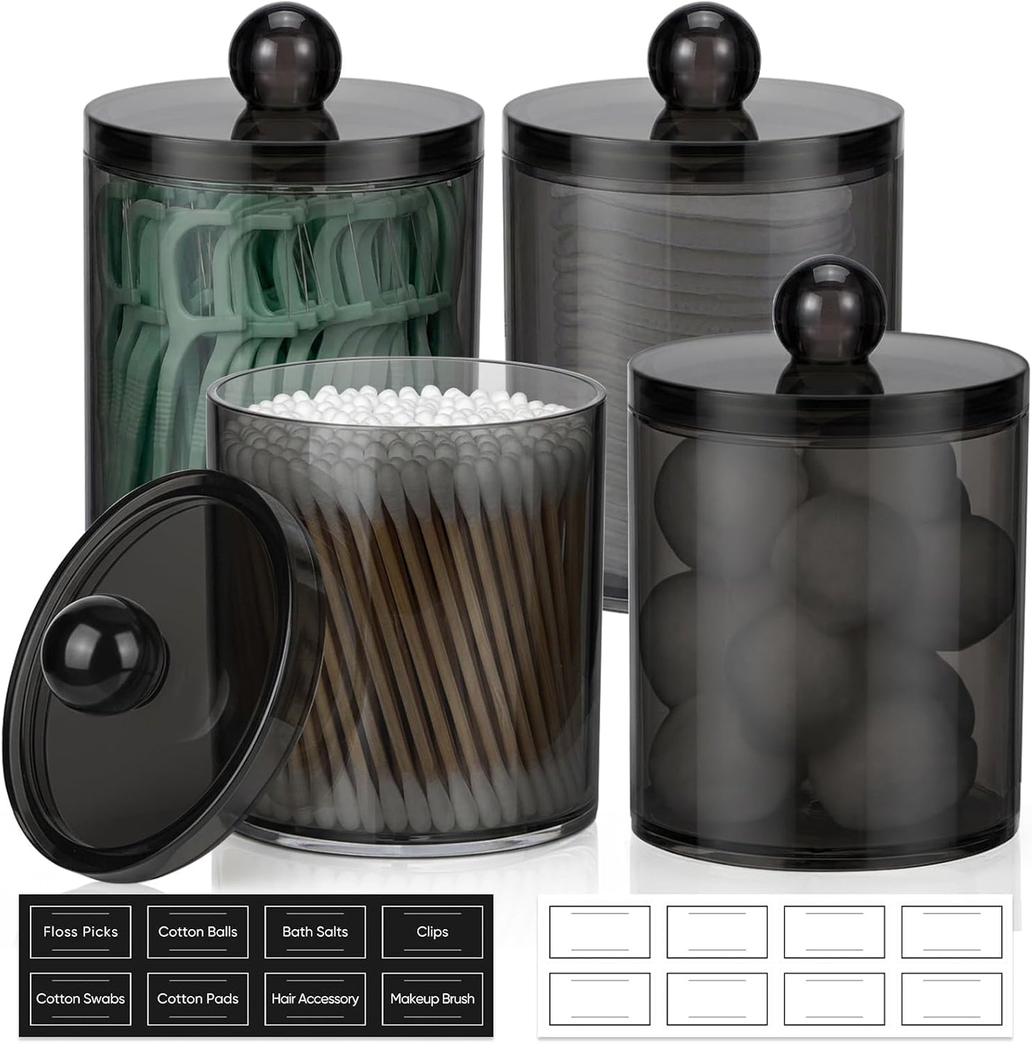 Skiennix Acrylic Qtip Holder Dispenser - Clear Canister Set for Cotton Swabs & Makeup Storage | 4 Pack