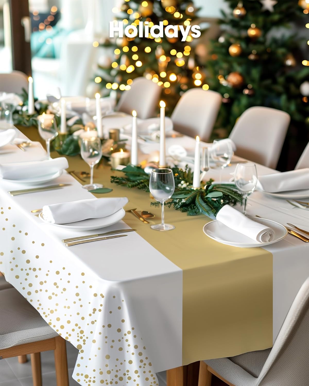 Pureegg Disposable Plastic Tablecloths - 10 Pack, 54 x 108 Inch, Sturdy & Leakproof, White Gold for Graduation Parties