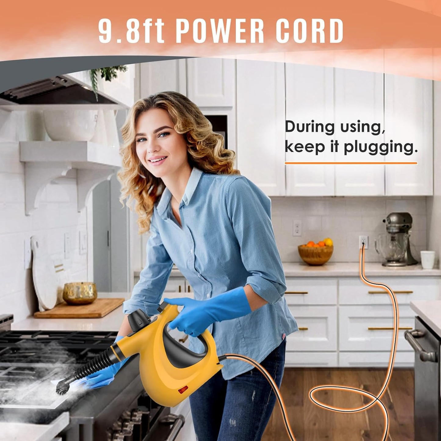 Pressurized Handheld Multi-Surface Natural Steam Cleaner with 12 pcs Accessories, Multi-Purpose Steamer for Home Use, Steamer for Cleaning Floor, Upholstery, Grout and Car (Grey) (Orange)