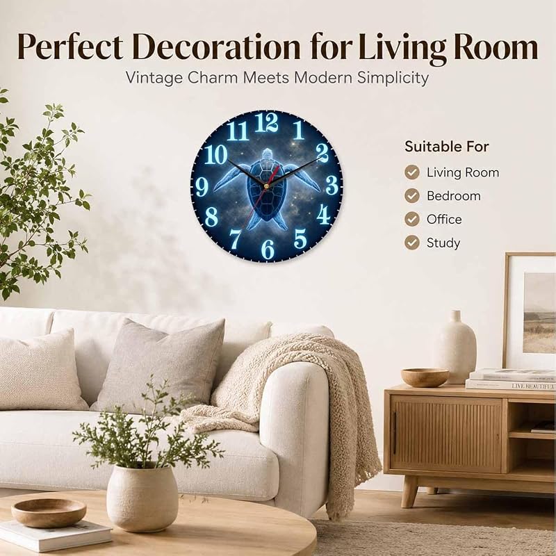 Glow Sea Turtle Wall Clock 10 Inch - Silent Battery Operated, Variation: Glow Sea Turtle+10 Inch