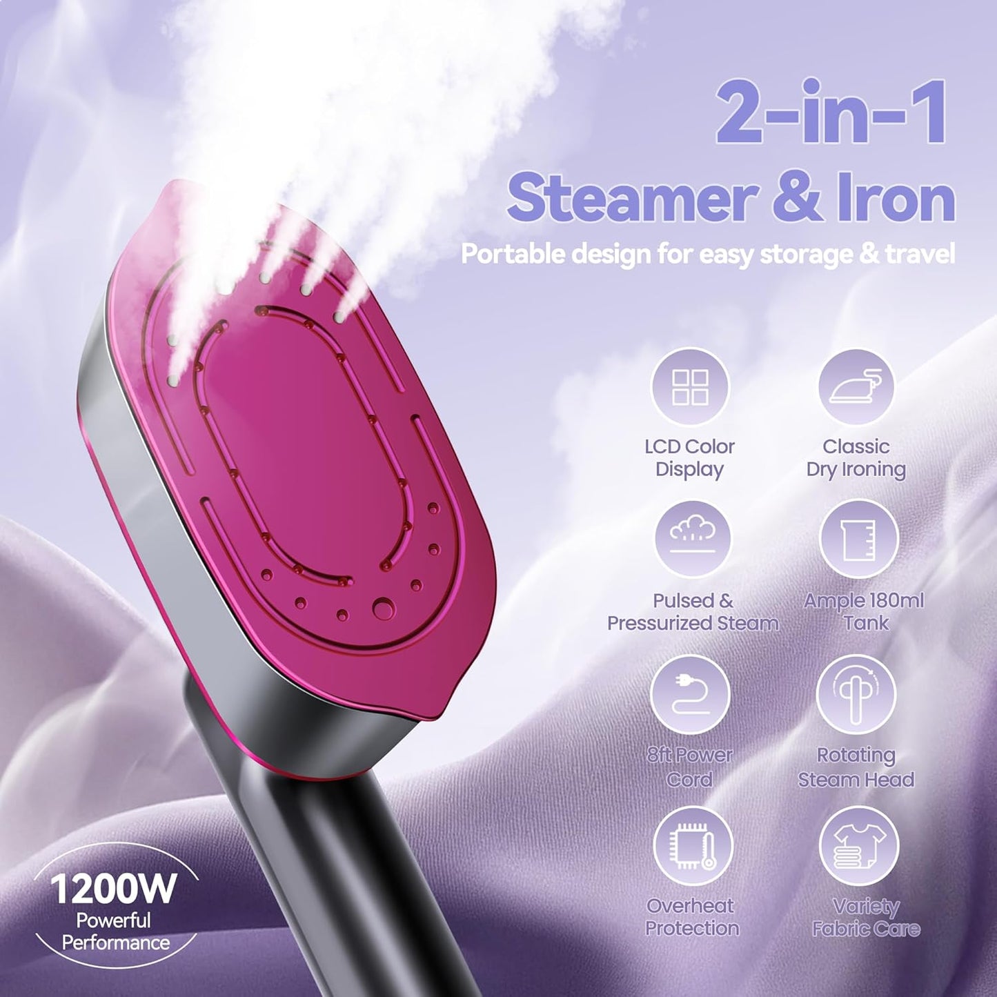 Skiennix Portable Handheld Travel Steamer - 2-in-1 Iron & Steamer with LCD Display, 1200W Fast Heat-Up, 180ml Tank