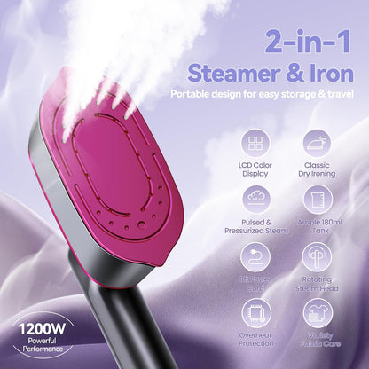 Skiennix Portable Handheld Travel Steamer - 2-in-1 Iron & Steamer with LCD Display, 1200W Fast Heat-Up, 180ml Tank