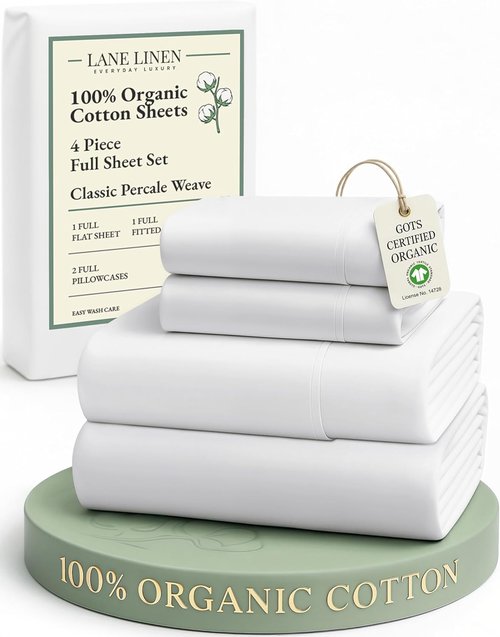 LANE LINEN 100% Organic Mercerized Cotton Full Bed Sheet Set - Soft, Comfy, Fade Resistant, Oeko-Tex Certified, 15" Deep Pocket - White