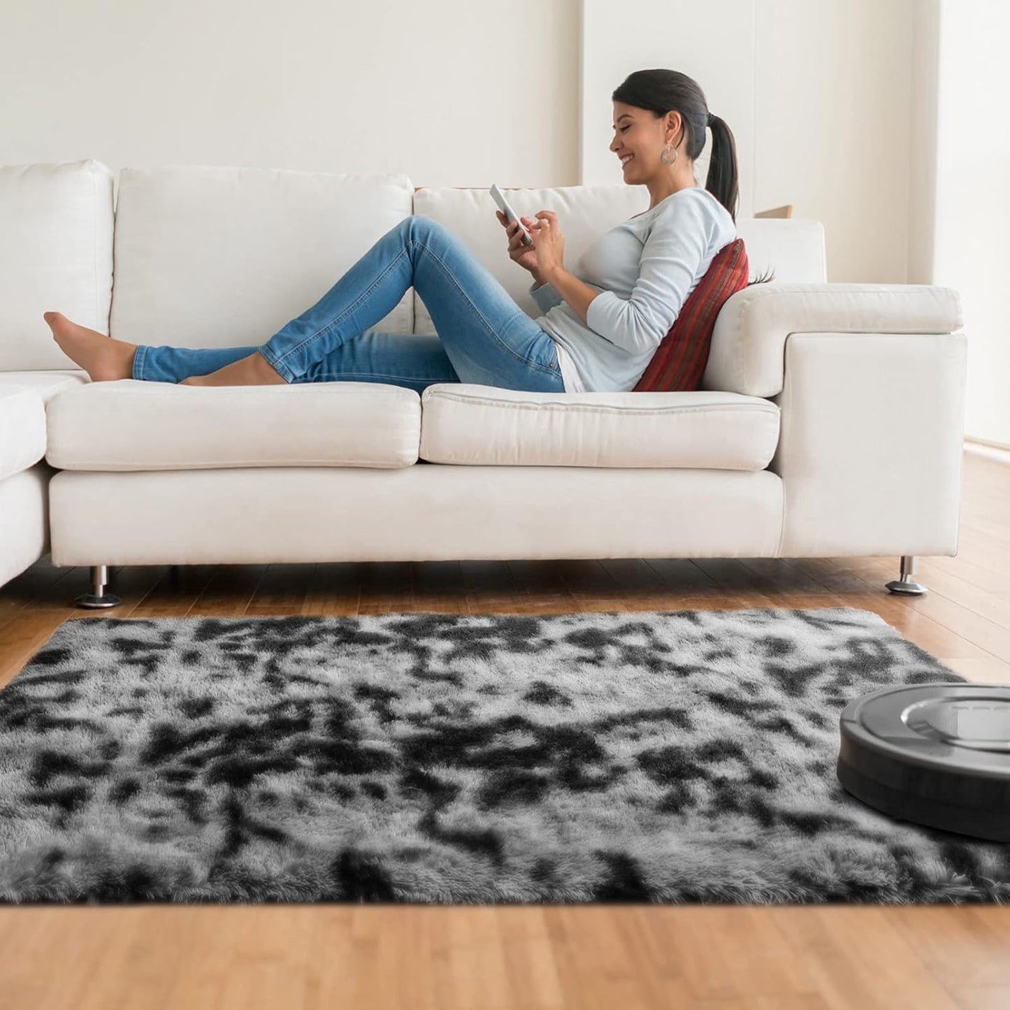 Ophanie Tie-Dyed Black & Grey Area Rug - Fluffy Shag Plush Carpet for Bedroom & Living Room | 4x6 Indoor Decor