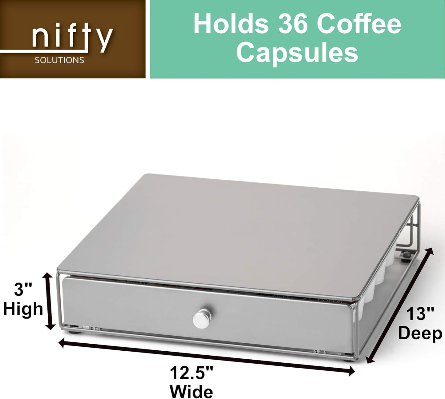 Nifty Coffee Pod Drawer - Compact Silver Storage for 36 K-Cups | Non-Rolling Under Coffee Pot Organizer