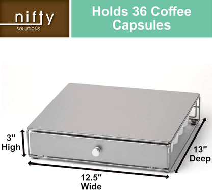 Nifty Coffee Pod Drawer - Compact Silver Storage for 36 K-Cups | Non-Rolling Under Coffee Pot Organizer