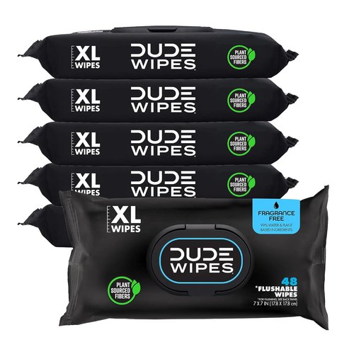 DUDE Wipes | Unscented Flushable Wipes for Sensitive Skin - Extra-Large 6 Pack (288 Count) - Infused with Vitamin E & Aloe