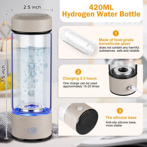 Hydrogen Water Bottle, Hydrogen Water Generator with Advanced SPE PEM Technology, High-Efficiency Portable 420ml Water Ionizer for Office, Travel, Fitness & Everyday Hydration