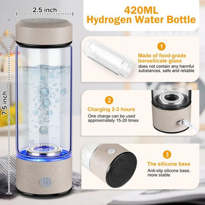 Hydrogen Water Bottle, Hydrogen Water Generator with Advanced SPE PEM Technology, High-Efficiency Portable 420ml Water Ionizer for Office, Travel, Fitness & Everyday Hydration