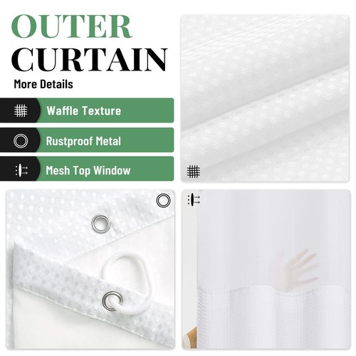 Dynamene Extra Long Shower Curtain, 84 Inch Long Waffle Fabric Shower Curtain for Bathroom, Tall Waterproof Cloth Shower Curtain Liner Set with Hook, Snap in Liner, Mesh Top Window, White, 72x84