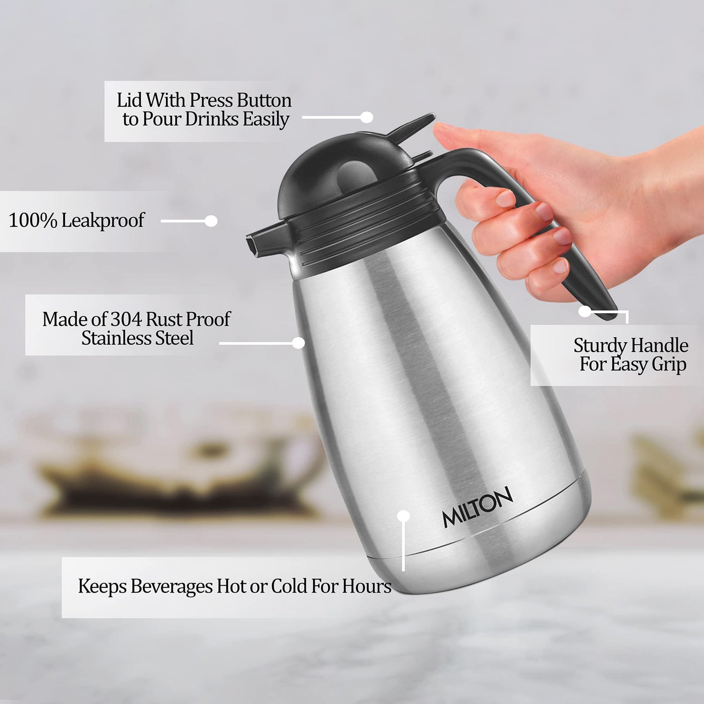 Milton Insulated Coffee Carafe (34 oz) thermos Water Coffee Dispenser, Tea Flask- Stainless Steel Hot Beverage Dispenser-Thermal Carafe Air Pot Silver (1000 ml)