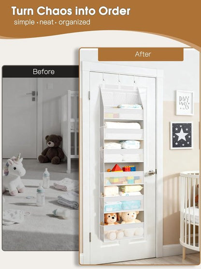 Criusia Over The Door Organizer - Heavy-Duty 6-Shelf Storage with 13 Mesh Pockets | 55lbs Capacity, White