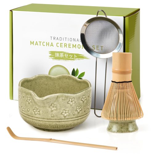 5Pcs Matcha Whisk Set, 18OZ Bowl With Spout, Japanese Ceremony Matcha Whisks Kit, 100% Natural Bamboo Whisk, Ceramic Whisk Holder (Green), Stainless Sifter, Tea Scoop, Gift for Matcha Lovers Beginner