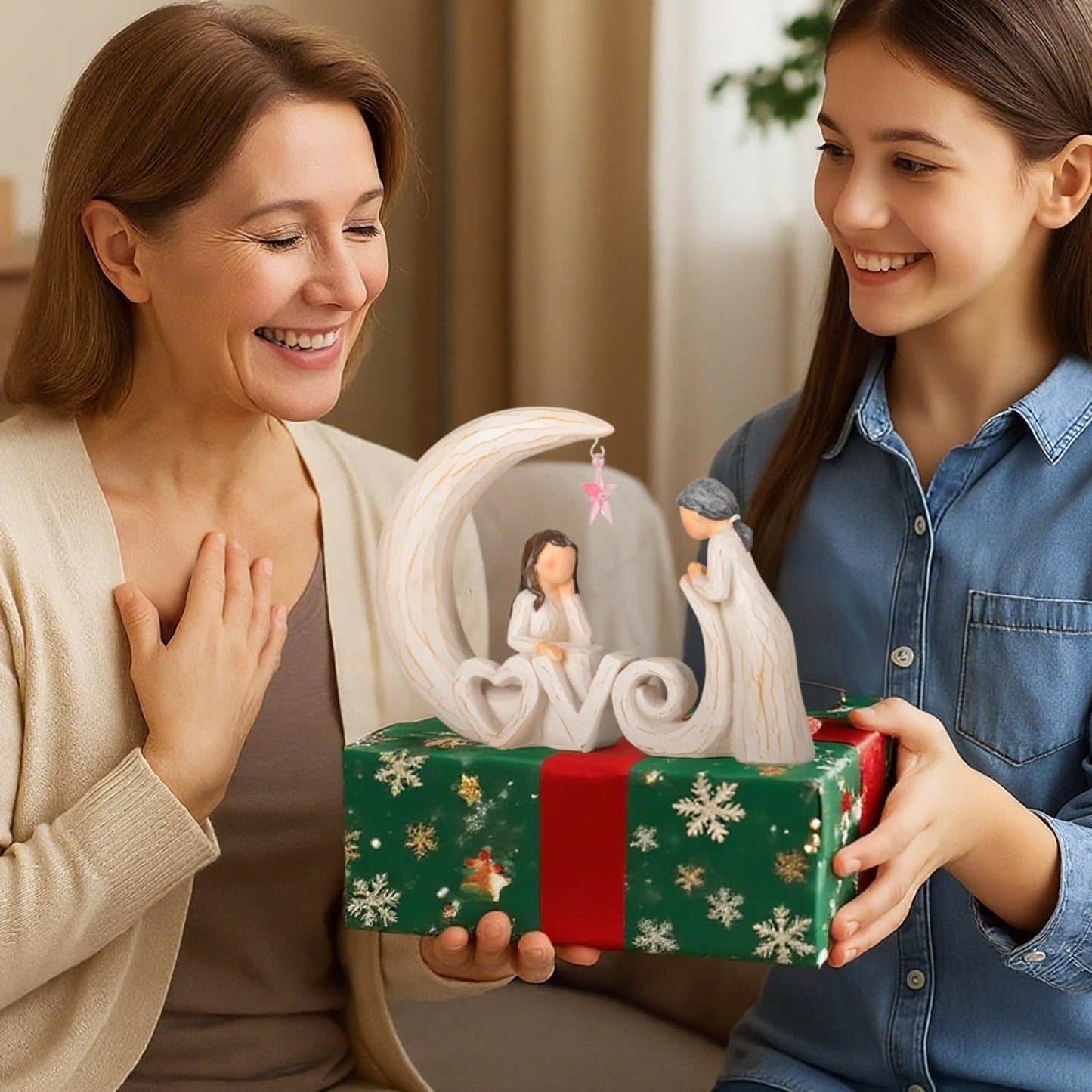Regine Switzerland Mother Daughter Figurine - Sentimental Resin Sculpture with Love Letters & Pink Star | Perfect Birthday Gift for Mom