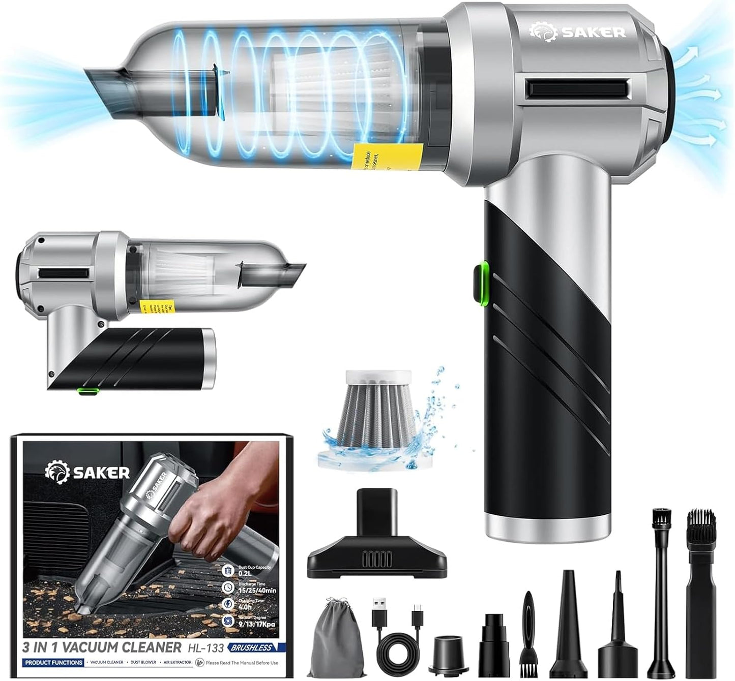 Saker Cordless Handheld Vacuum - 17000PA Powerful Mini Cleaner for Home, Office & Pet Hair | Foldable Design