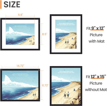 Upsimples 12x15 Photo Frame - Display 9x12 Pictures with Mat or 12x15 Without - Black, 1 Pack
