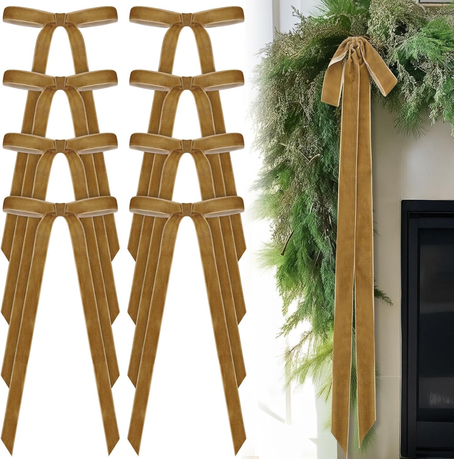 Skiennix 24 Pcs Velvet Bows - Vintage Ribbon Bows for Christmas Tree & Crafts | Khaki, 10 x 18 Inch, 1.5" Width