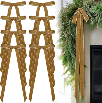 Skiennix 24 Pcs Velvet Bows - Vintage Ribbon Bows for Christmas Tree & Crafts | Khaki, 10 x 18 Inch, 1.5" Width