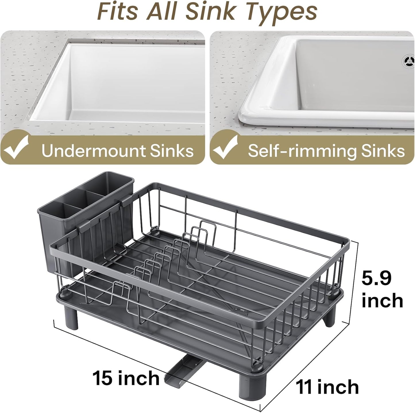 SNTD Dish Drying Rack - Stainless Steel Kitchen Counter Rack with Utensil Holder | 11" W x 15" L (Grey)