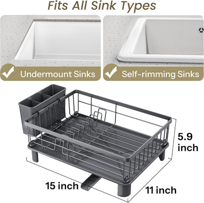 SNTD Dish Drying Rack - Stainless Steel Kitchen Counter Rack with Utensil Holder | 11" W x 15" L (Grey)