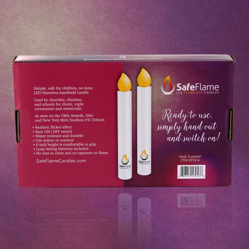 SafeFlame LED Flickering Handheld Candles - Batteries Included - Easy On/Off Switch | Box of 25 (Amber)