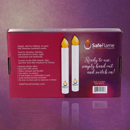 SafeFlame LED Flickering Handheld Candles - Batteries Included - Easy On/Off Switch | Box of 25 (Amber)