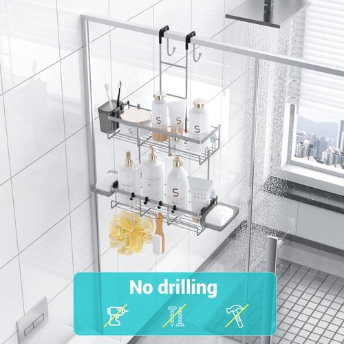Aitatty Hanging Shower Caddy - Rustproof Over-Door Organizer for Easy Bathroom Storage | Silver Finish