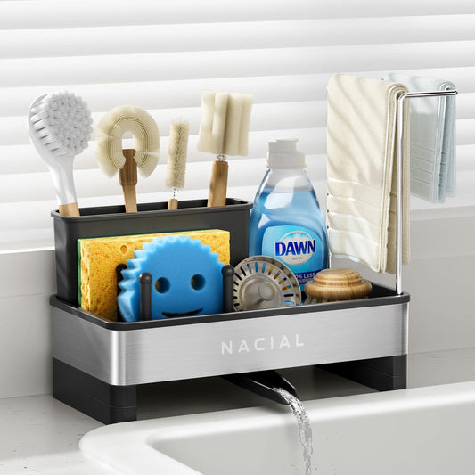 Nacial Kitchen Sink Caddy Organizer - Rustproof 304 Stainless Steel with Brush Holder & Towel Racks