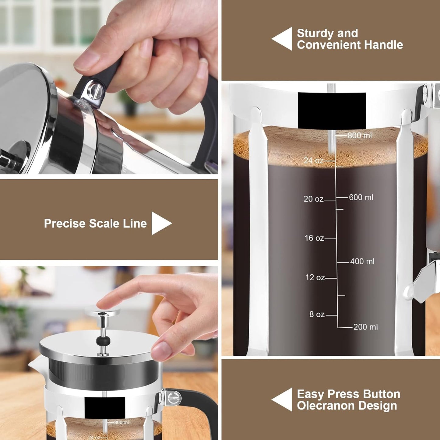 Skiennix French Press Coffee Maker - 34oz Stainless Steel with 2 Filters | Heat Resistant & Easy to Clean