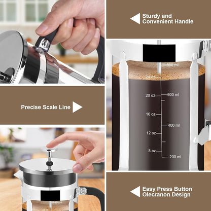 Skiennix French Press Coffee Maker - 34oz Stainless Steel with 2 Filters | Heat Resistant & Easy to Clean