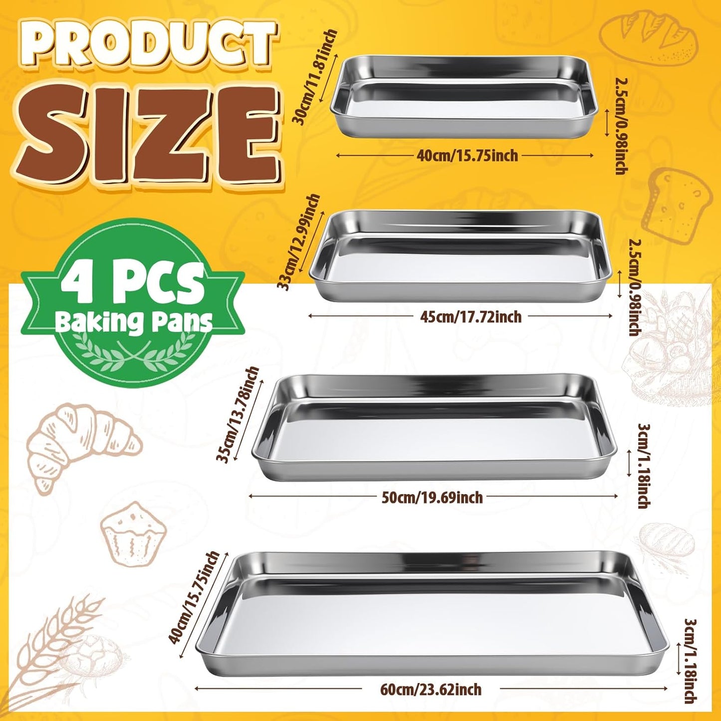 Skiennix Stainless Steel Baking Pans Set - 4 Pack Heavy Duty Cookie Sheets | Non-Stick, 16/18/20/24 Inch
