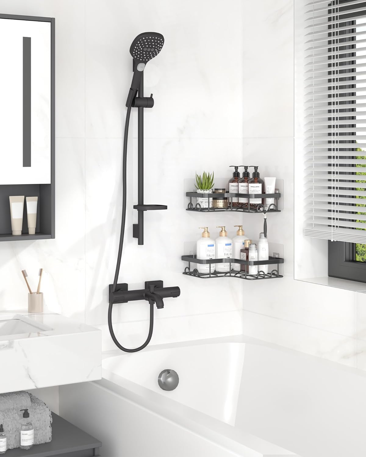 Sakugi Corner Shower Caddy - Rustproof Stainless Steel Organizers with 8 Hooks | No-Drill, Space-Saving Design, Black - 2 Pack