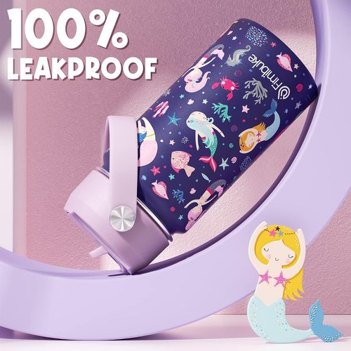 Fimibuke Kids Insulated Water Bottle - 14oz BPA-Free Double Wall Tumbler | Leak-Proof Metal Cups (2 Pack, Rainbow/Mermaid)