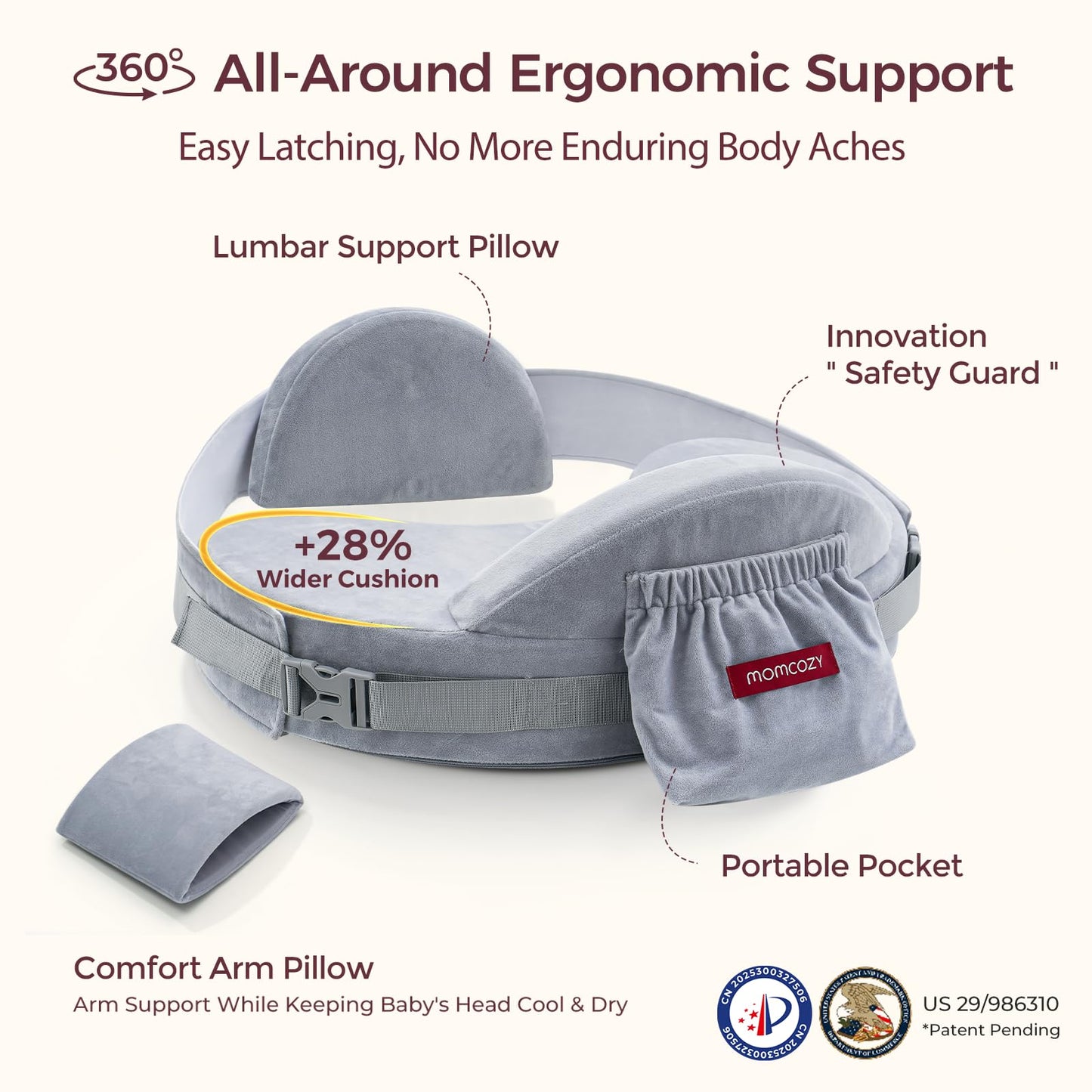 Momcozy CozyPro Nursing Pillow - All Around Lumbar & Arm Support - Safety Guard, Firm & Springy Memory Foam-Stable, Ergonomic Support, Easier Breastfeeding, Wider Cushion, Adjustable, Removable Cover