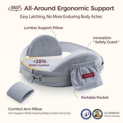 Momcozy CozyPro Nursing Pillow - All Around Lumbar & Arm Support - Safety Guard, Firm & Springy Memory Foam-Stable, Ergonomic Support, Easier Breastfeeding, Wider Cushion, Adjustable, Removable Cover
