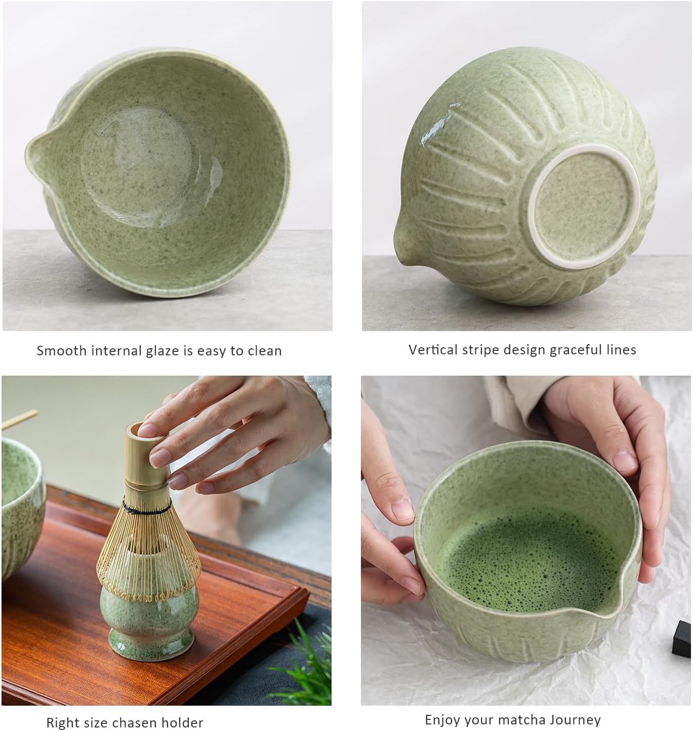TANG PIN Matcha Set - 4-Piece Matcha Kit with Bowl, Whisk, Scoop & Stand | Mottled Green 15 OZ