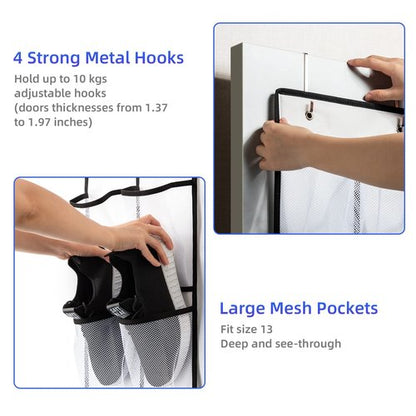 KEEPJOY Over the Door Shoe Organizer, Hanging Shoe Organizer with 4 Hooks, Shoe Holder with 14 Mesh Pockets Closet Door Shoe Storage Bag (White-2Pack)