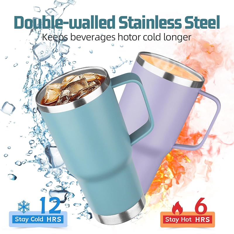 20 oz Tumbler with Handle - Stainless Steel Vacuum Insulated Cup with Lid & Straw, Leak-Proof Travel Mug (Purple Tea Sea Azure, Pack of 4)