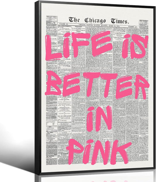 OAOPIC Pink Quote Poster - Vintage Black & White Newspaper Canvas Wall Art | Motivational 8x12in Print for Girls' Bedroom Decor