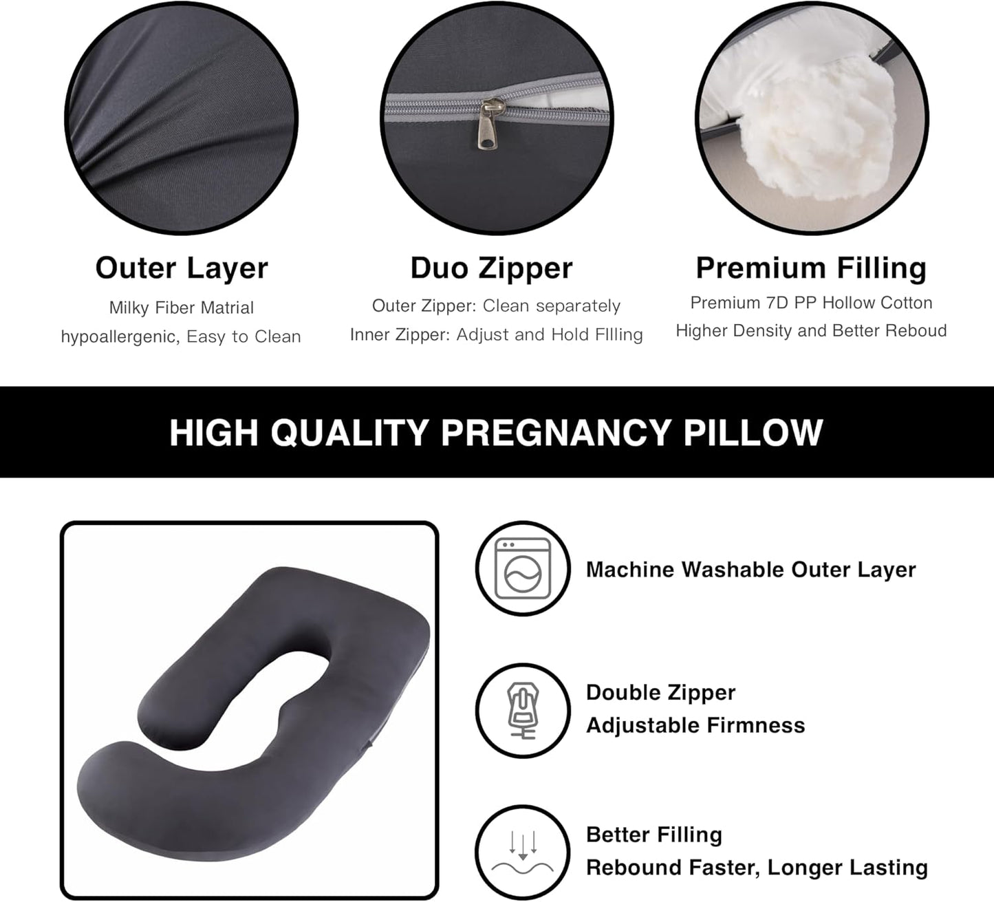 ALLOPERA Pregnancy Pillow - 57 Inch Full Body Maternity Support | Removable Washable Cover, Black Milk Fiber