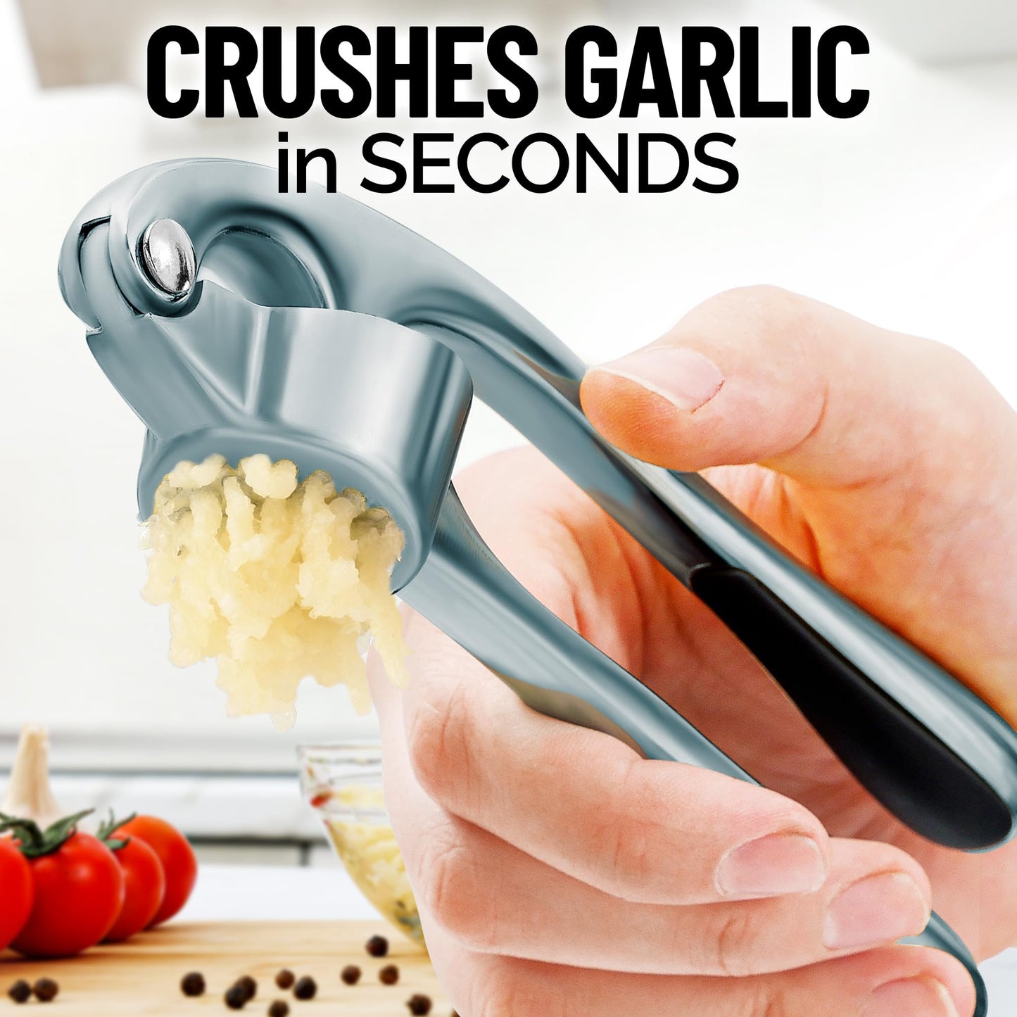 Zulay Kitchen Premium Garlic Press Set - Rust Proof & Dishwasher Safe Professional Garlic Mincer Tool - Easy-Squeeze, Easy-Clean with Soft, Ergonomic Handle - Silicone Garlic Peeler & Brush (Slate)