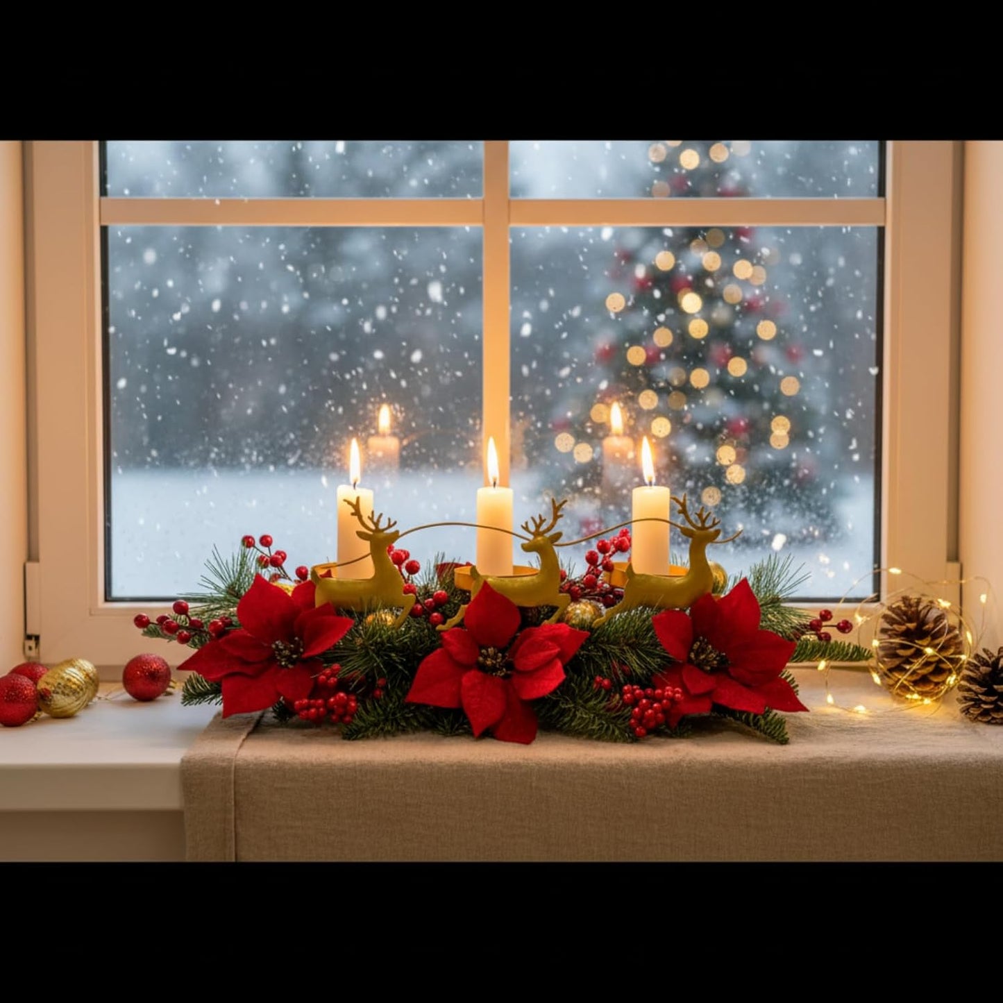 Skiennix Christmas Poinsettia Candle Holder - Elegant Table Centerpiece with Metal Deer & Red Berries
