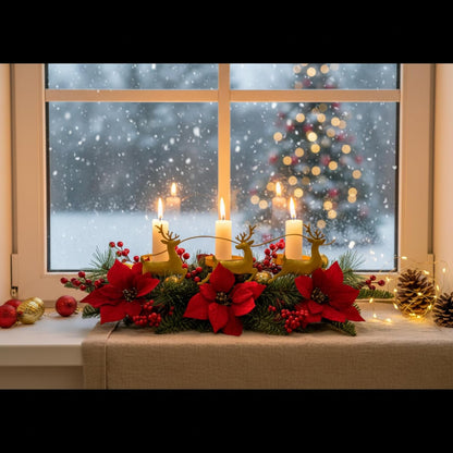 Skiennix Christmas Poinsettia Candle Holder - Elegant Table Centerpiece with Metal Deer & Red Berries