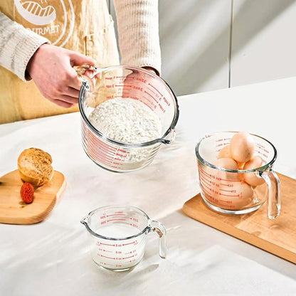 KOMUEE Glass Measuring Cups Set - 4-Piece Liquid Measuring Cups with Lids | 5 Oz, 1-Cup, 2-Cup, 4-Cup